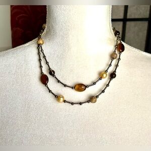 Carolyn Pollack Necklace Tiger's Eye Jasper Pearl 925 Sterling 36"